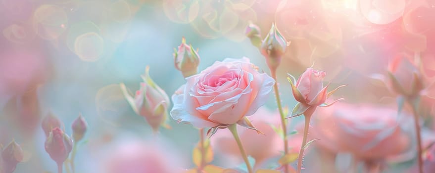 Soft pink roses blooming in a dreamy bokeh background