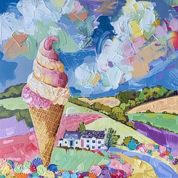 Fun oil fine art painting, ice cream in English country style, printable art design idea