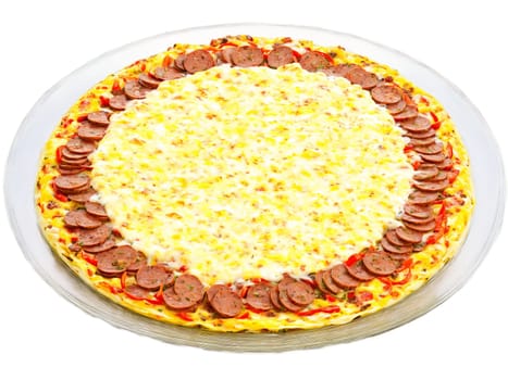 Omelette Italian sausage and bell peppers with melted mozzarella on a transparent glass plate like. Food isolated on transparent background.