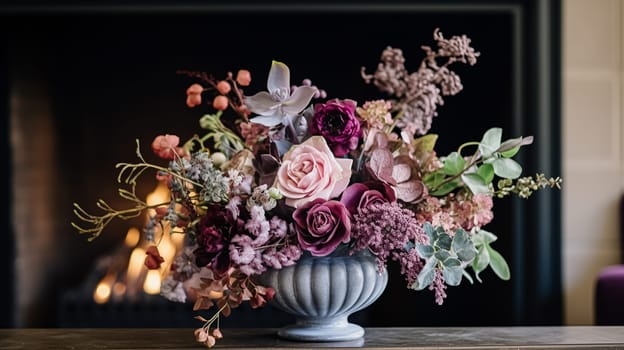 Beautiful floral arrangement with winter, autumn or early spring botanical plants and flowers