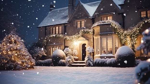 Christmas in the countryside manor, English country house mansion decorated for holidays on a snowy winter evening with snow and holiday lights, Merry Christmas and Happy Holidays design