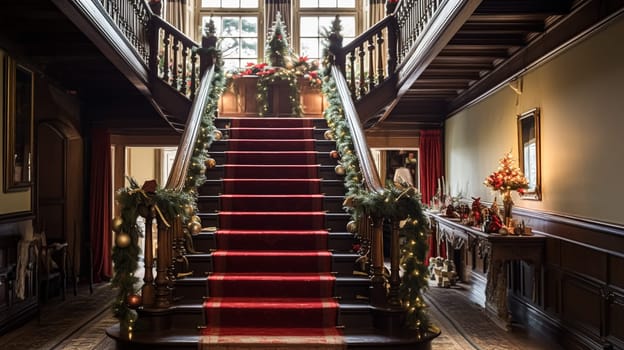 Christmas at the manor, grand entrance hall with staircase and Christmas tree, English countryside decoration and festive interior decor