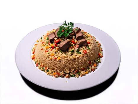 Couscous steaming plate of fluffy couscous topped with tender lamb vegetables and sprinkle of paprika. Food isolated on transparent background.
