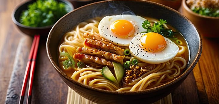 Japanese ramen, chopsticks, egg in bowl, traditional cuisine served,