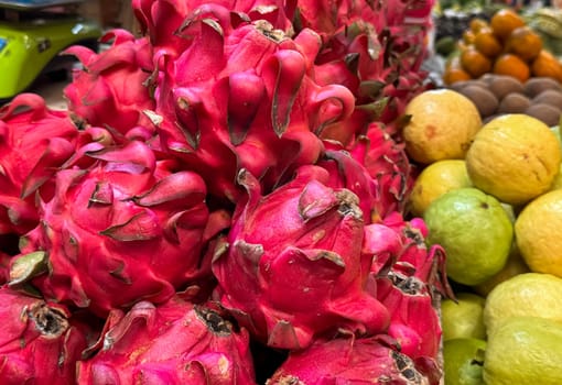 Fresh produce of dragon fruits or Hylocereus undatus 0r buah naga in Indonesian at the local market, healthy fresh fruit for salad or juice or any cooking options good for cooking recipes