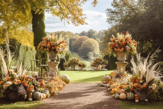 Floral decoration, wedding decor and autumn holiday celebration, autumnal flowers and event decorations in the English countryside garden, country style idea