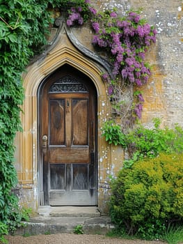 Entrance to a historic manor, framed by antique architectural elements and flanked by potted topiaries, features an aged door, the surrounding ivy and stonework add to the timeless elegance of the property