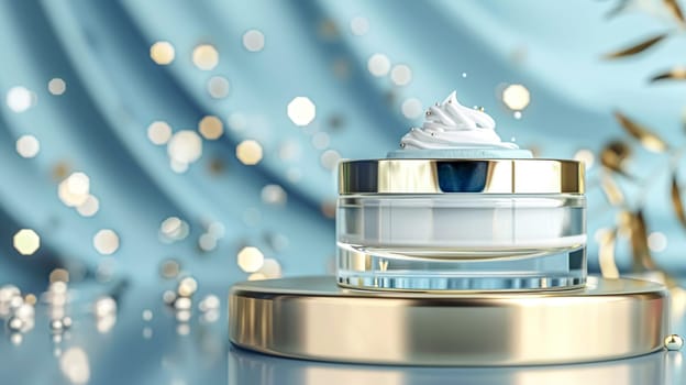 Cosmetic cream in a glass jar on a blue backdrop. Skin care concept. Background for beauty products