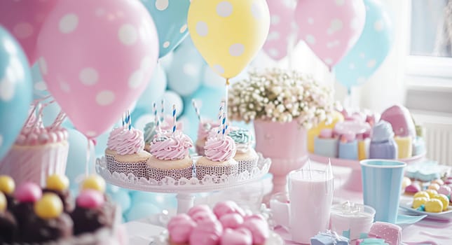 Birthday table decoration with sweets, flowers, candles and pink balloons. Selective focus