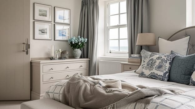 Beautiful interior of luxury bedroom with window sea view. Coastal cottage concept. High quality photo