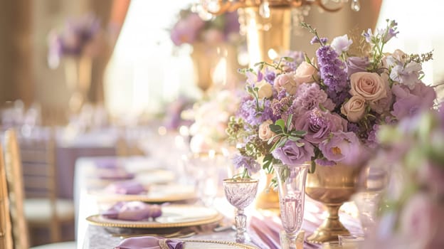 Wedding table decoration with lavender flowers, sweets, cake and candles