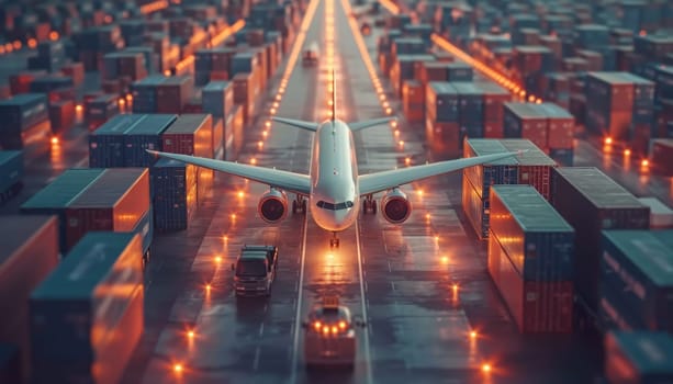 A white airplane is parked on a runway next to a row of red shipping containers by AI generated image.