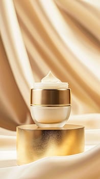 Face cream in a glass jar on a white and gold background. Skin care concept. Backdrop for beauty cosmetic products