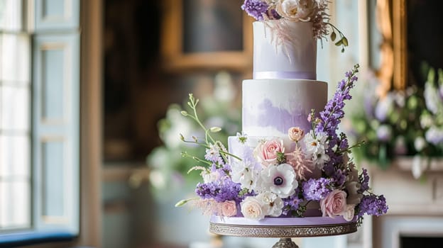 Wedding cake with lavender flowers. Festive table decoration.