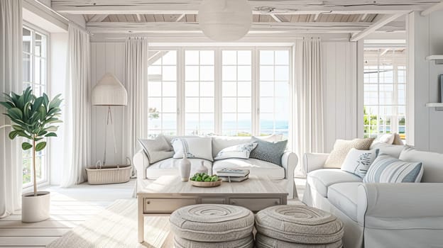 Interior of a living room with white walls, sofa and cushions. Sitting room in coastal cottage with sea view. Luxury lounge room