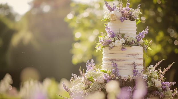 Wedding cake with lavender flowers. Festive table decoration.