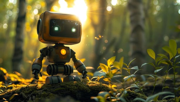 A robot is standing in a lush green forest by AI generated image.