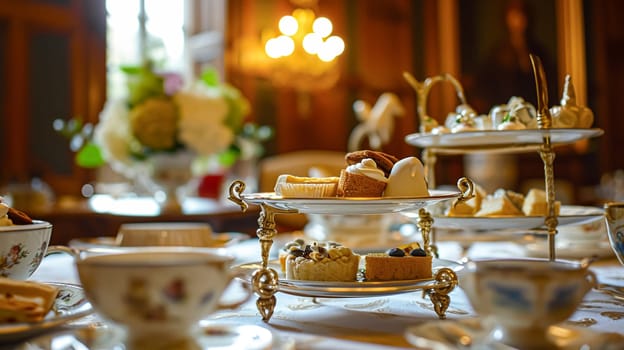 Elegant table setting for tea party with cakes and cupcakes in English manor. Selective focus. Vintage style