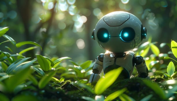A robot is standing in a lush green forest by AI generated image.