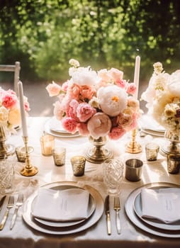 Wedding tablescape with peony bouquet, formal dinner table setting, table scape with decoration for wedding party and event celebration, post-processed, generative ai
