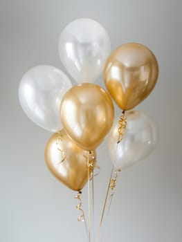 Gold and white helium balloons with curly gold ribbons on white background. Party decoration concept. For invitations and celebration designs. Ai generation. High quality
