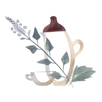 Herbal tea: glassware, teapot, cup and green plant branches, flowers and lemon. Illustration for design of packaging of tea, sweets, cosmetics. Clipart