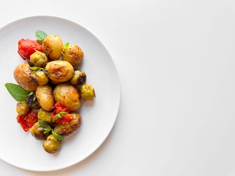 Roasted baby potatoes and Brussels sprouts with cherry tomatoes on white plate, garnished with basil, healthy vegetarian dish concept with space for text. High quality photo