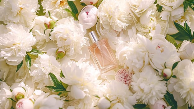 Perfume bottle with beautiful flowers. Floral background. Beauty concept. Flat lay, top view.