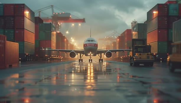 A white airplane is parked on a runway next to a row of red shipping containers by AI generated image.