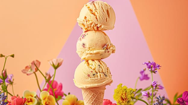 Scoops of ice cream in a waffle cones on a colorful background