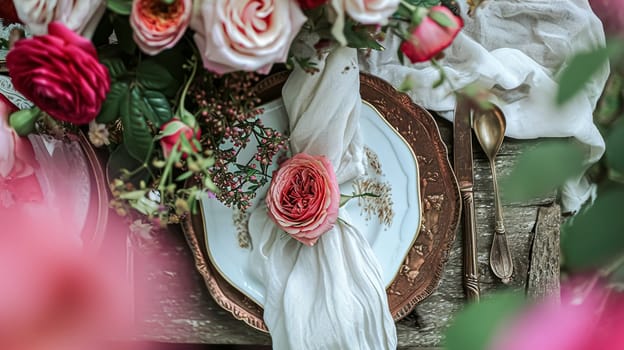 Beautifully set table for a garden party, adorned tablescape with vibrant floral arrangements, under the shade of blossoming rose bushes, inviting a sense of elegance and natural charm