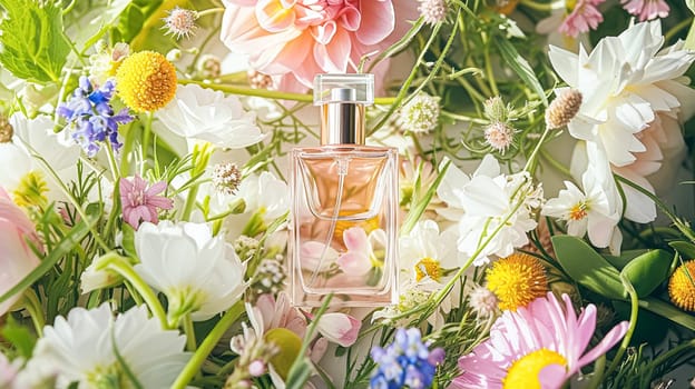 Perfume bottle with beautiful flowers. Floral background. Beauty concept. Flat lay, top view.