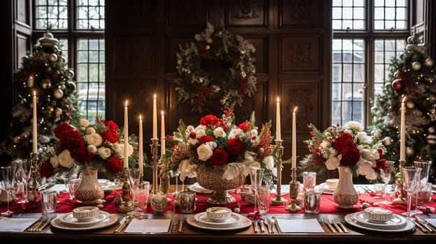 Christmas at the manor, holiday tablescape and dinner table setting, English countryside decoration and festive interior decor