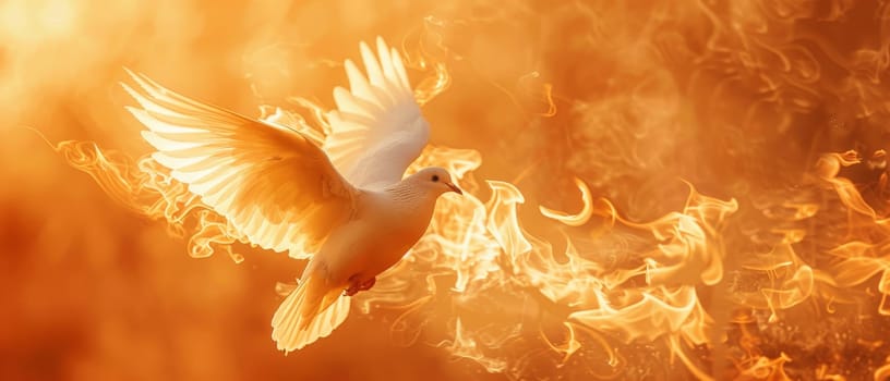 A bird is flying through a fire, surrounded by flames by AI generated image.