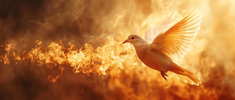 A bird is flying through a fire, surrounded by flames by AI generated image.