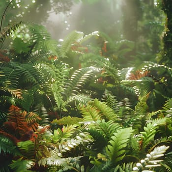 The sunlight filters through the dense foliage of the jungle, illuminating the terrestrial plants, ferns, and groundcover of the forest floor