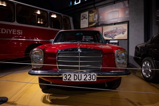 Antalya, Turkey - February 1, 2024: Red Mercedes Benz W115 on display in Antalya Car museum