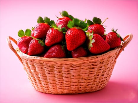 Strawberries basket of fresh strawberries against soft pink. Food isolated on transparent background.