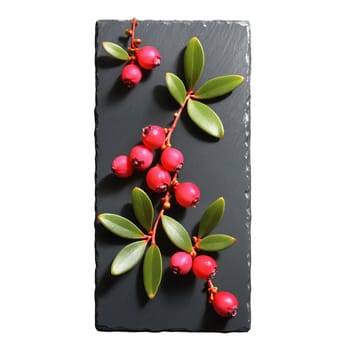 Enticing bearberries Arctostaphylos uva ursi artistically arranged on a black slate plate their bright red. Food isolated on transparent background