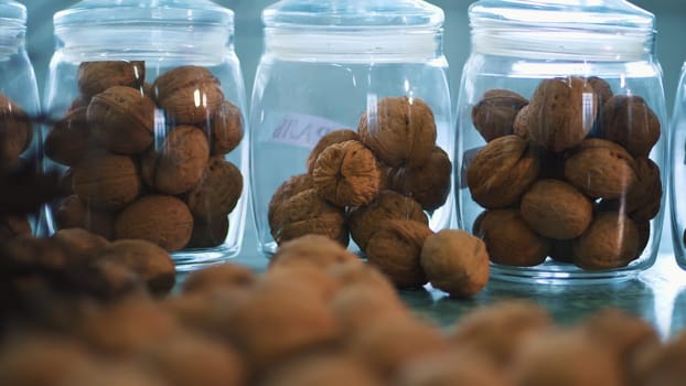 close-up, stored in glass jars are seeds, walnuts, various species grown on breeding, hybrids of nuts, of the best quality. walnut cultivation. High quality photo