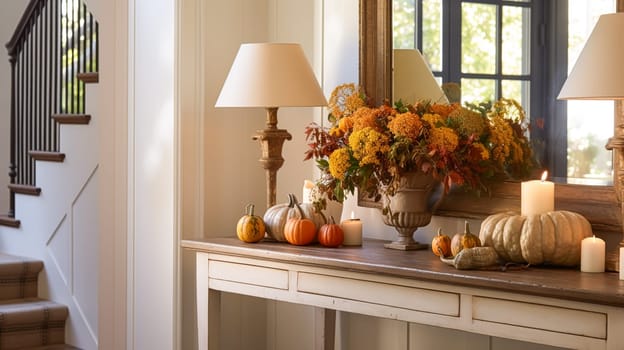 Autumnal hallway decor, interior design and house decoration, welcoming autumn entryway furniture, stairway and entrance hall home decor in an English country house and cottage style idea