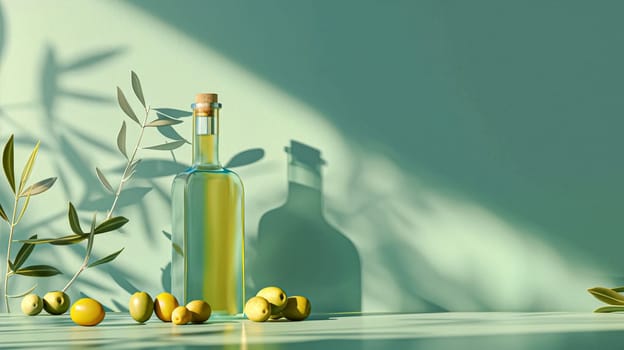 Olive oil bottle ad background with copyspace, vegetable oil commercial produce, food industry and retail concept