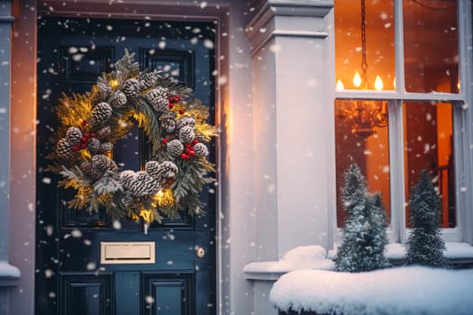 Christmas holiday, country cottage and snowing winter, wreath decoration on a door, Merry Christmas and Happy Holidays wishes, post-processed, generative ai