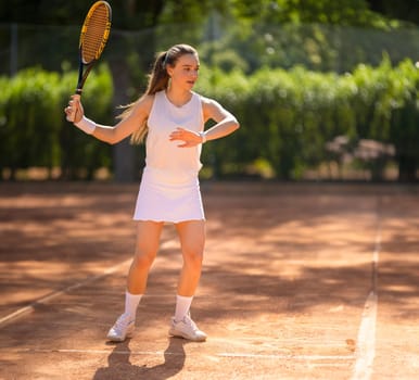 A woman in a white tennis outfit is playing tennis on a clay court. She is holding a tennis racket and is ready to hit the ball