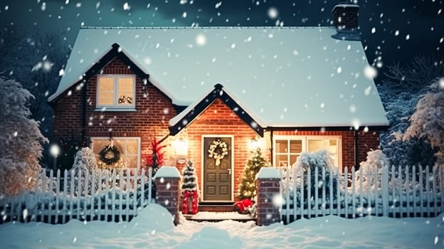 Christmas in the countryside, cottage and garden decorated for holidays on a snowy winter evening with snow and holiday lights, English country styling inspiration