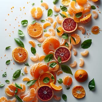 Citrus fruits like Valencia oranges, Clementines, Tangelos, and Tangarines are scattered alongside leaves on a white surface, perfect ingredients for a refreshing recipe