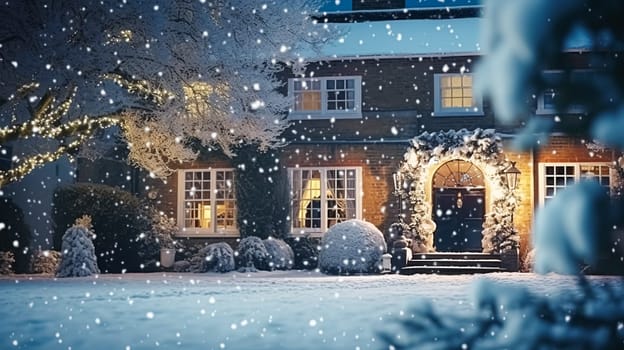 Christmas in the countryside manor, English country house mansion decorated for holidays on a snowy winter evening with snow and holiday lights, Merry Christmas and Happy Holidays design