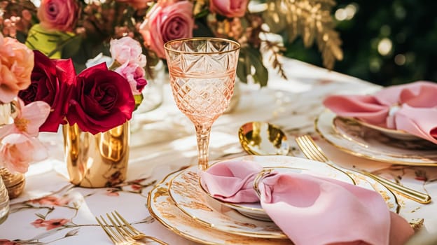 Wedding and event celebration tablescape with flowers, formal dinner table setting with roses and wine, elegant floral table decor for dinner party and holiday decoration, home styling idea