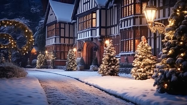 Christmas in the countryside manor, English country house mansion decorated for holidays on a snowy winter evening with snow and holiday lights, Merry Christmas and Happy Holidays design