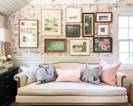 Living room gallery wall, home decor and wall art, framed art in the English country cottage interior, room for diy printable artwork mockup and print shop idea